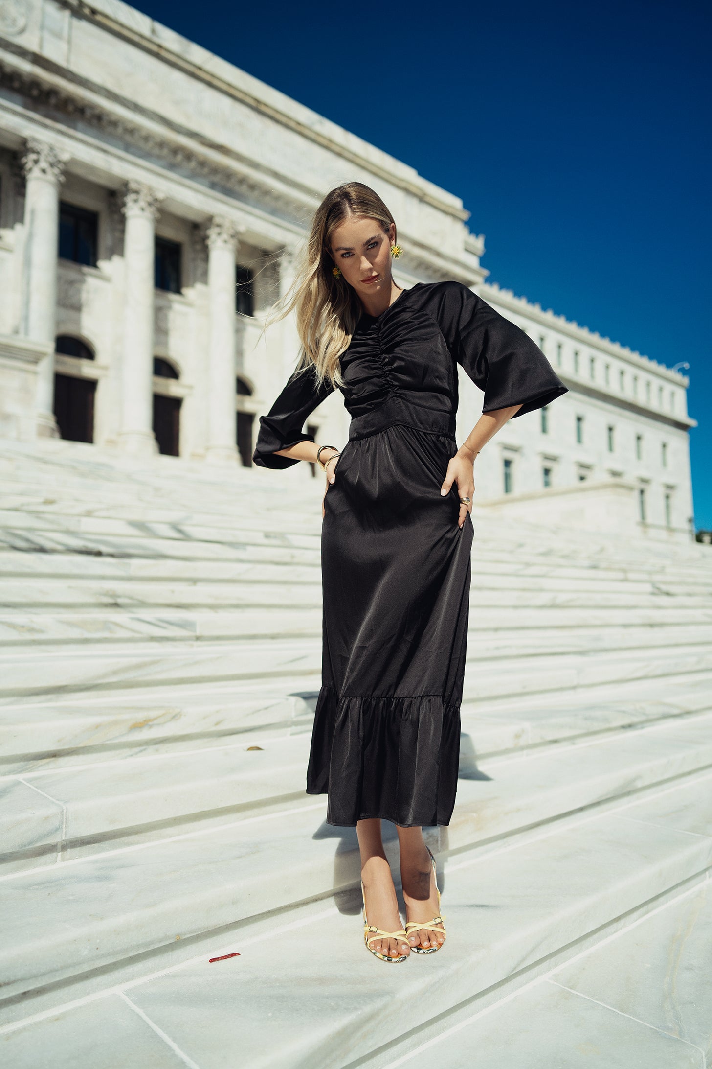 Bliss Ruched Empire Satin Dress Black