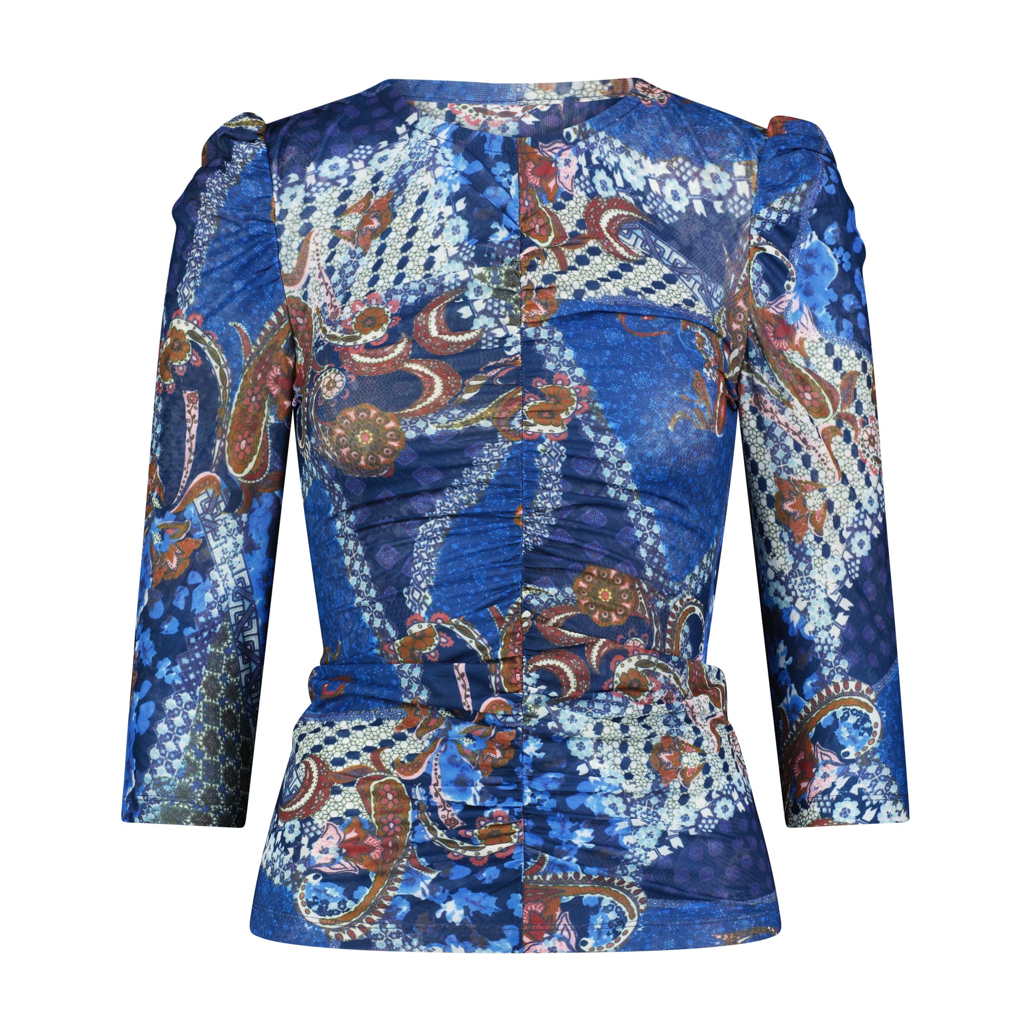 Bliss Mesh Ruched Tee Blue Patchwork Print