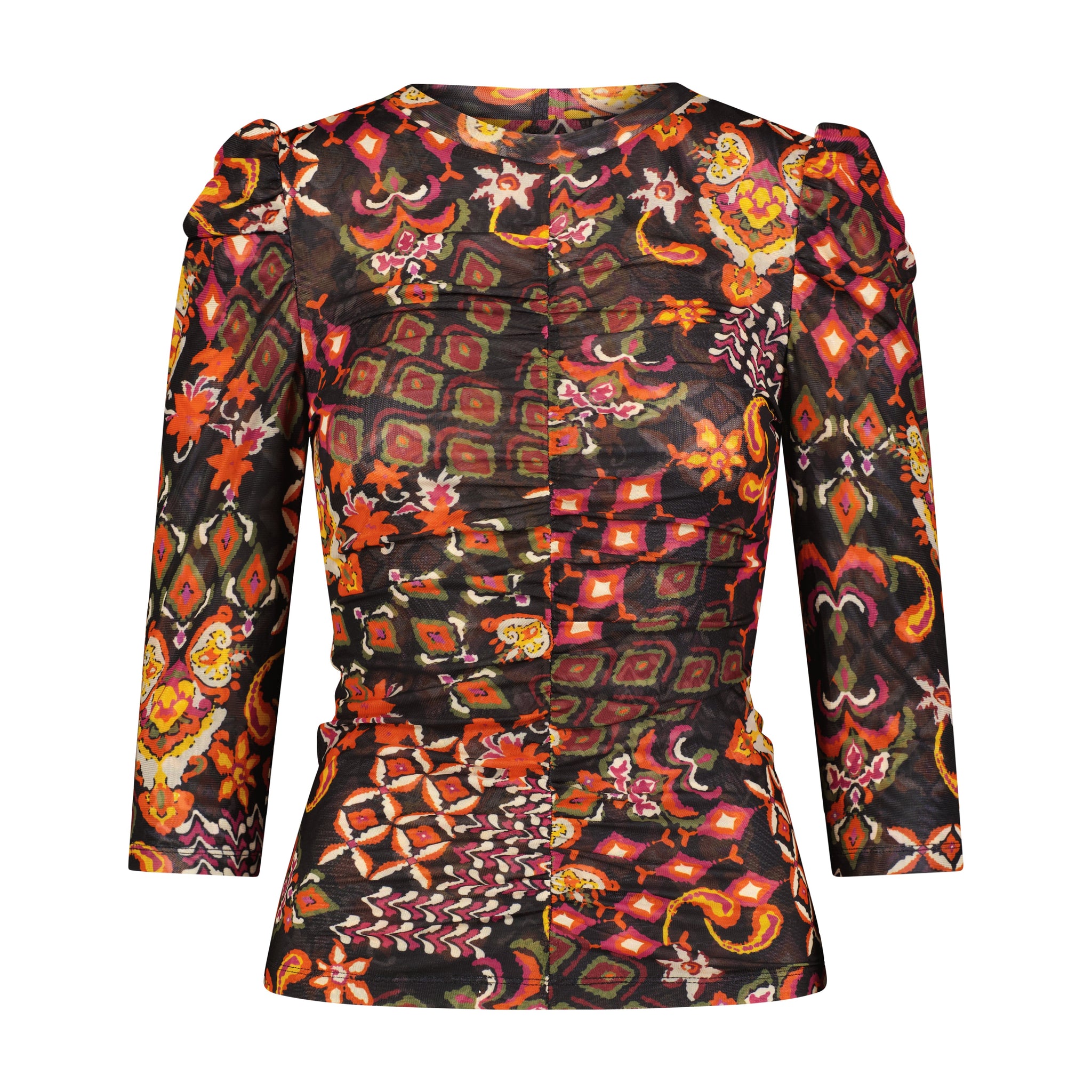 Bliss Mesh Ruched Tee Black Aztec