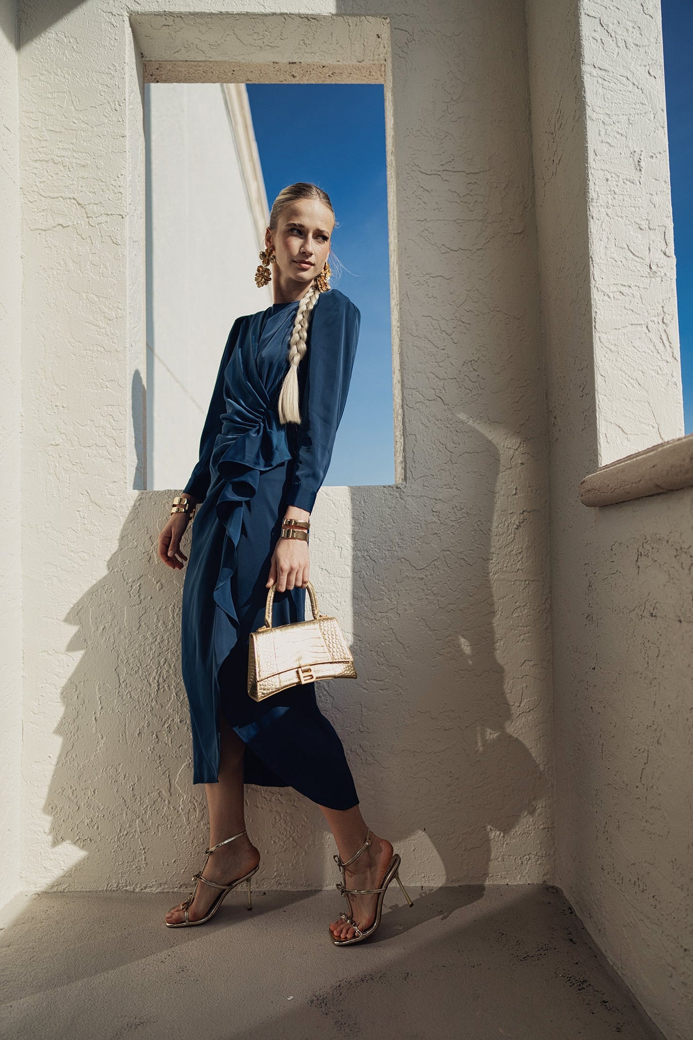 Bliss Satin Side Gathered Dress Blue