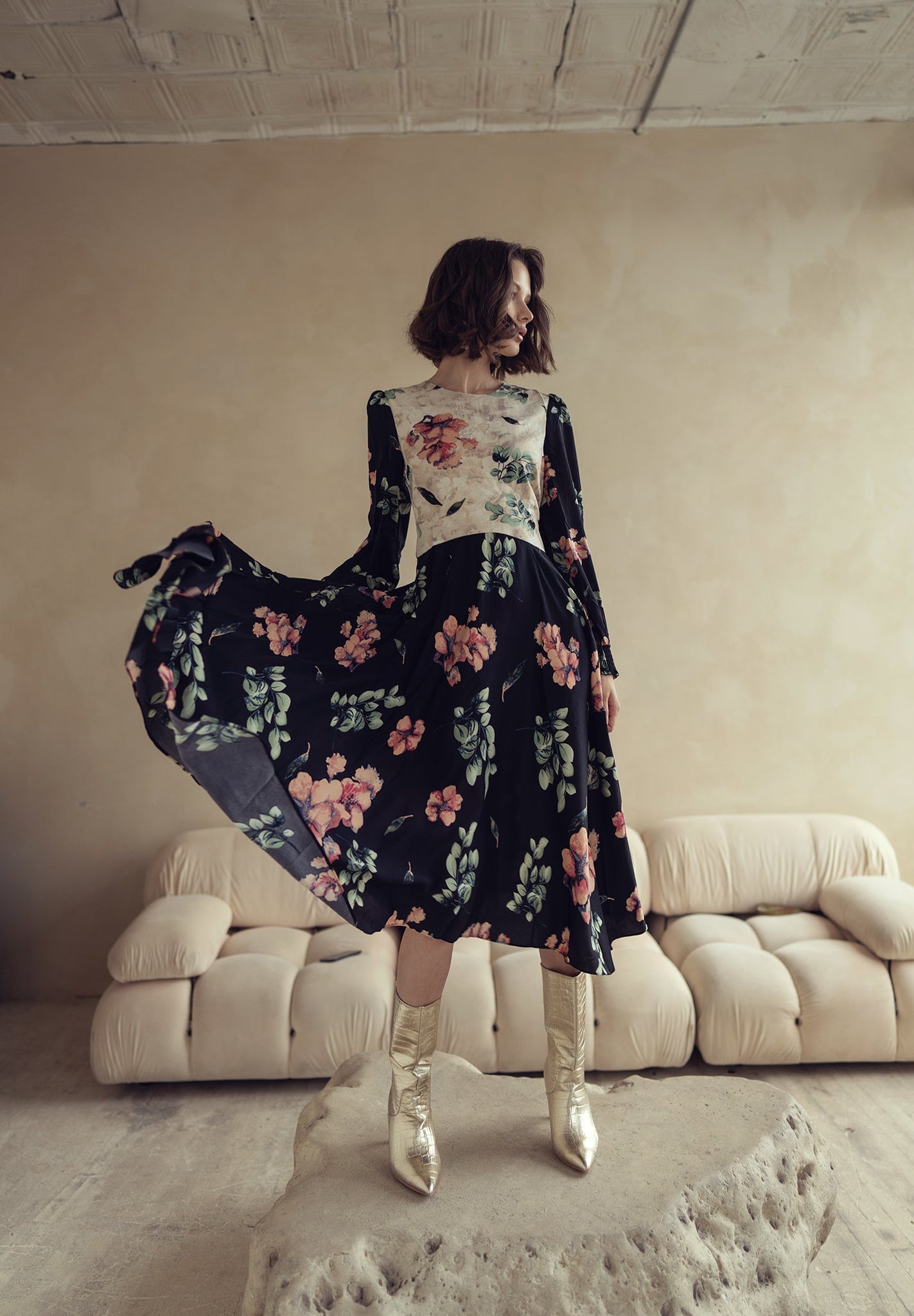 Rose Gold Waisted Floral Dress