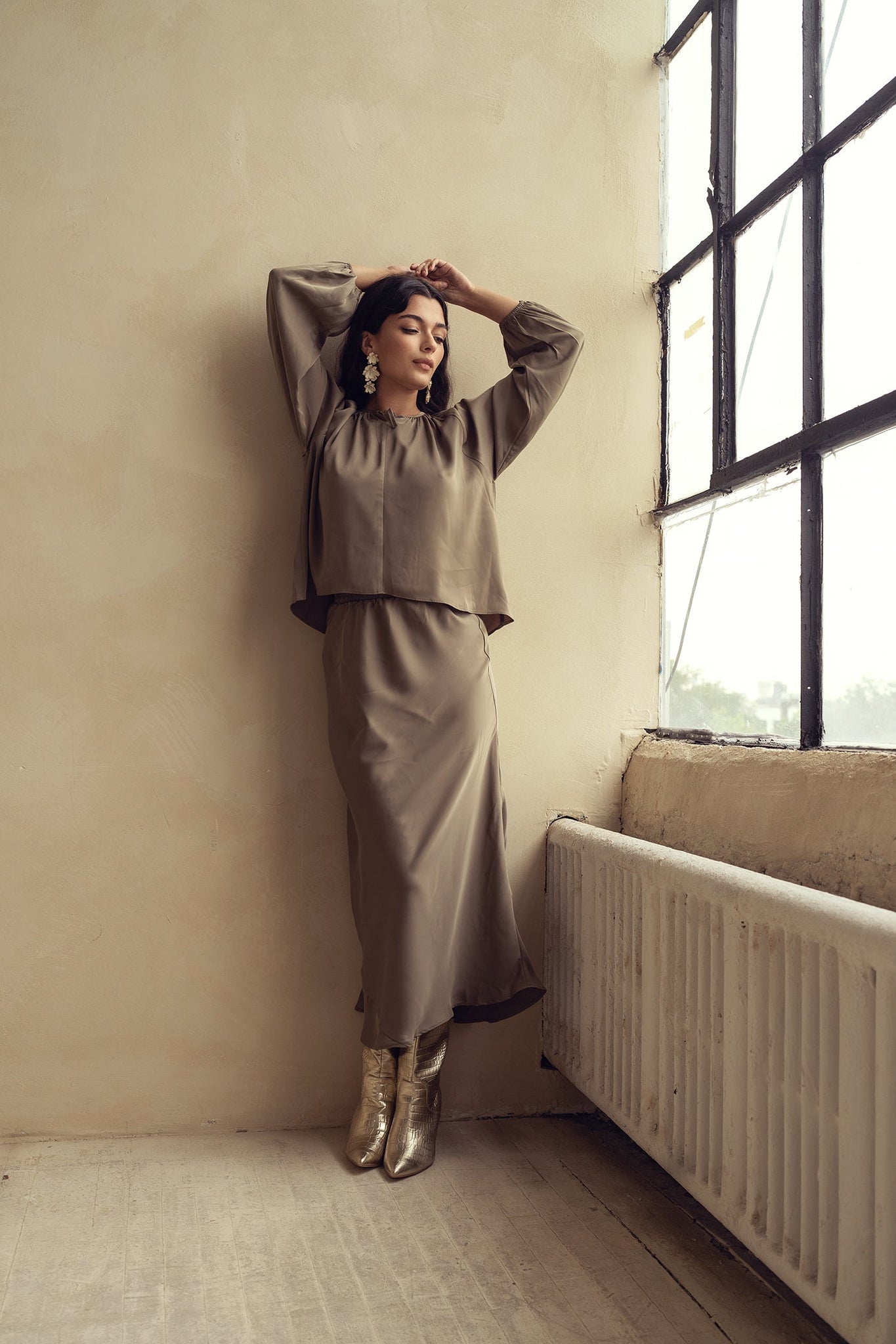 Bliss Satin Tie Blouse Olive