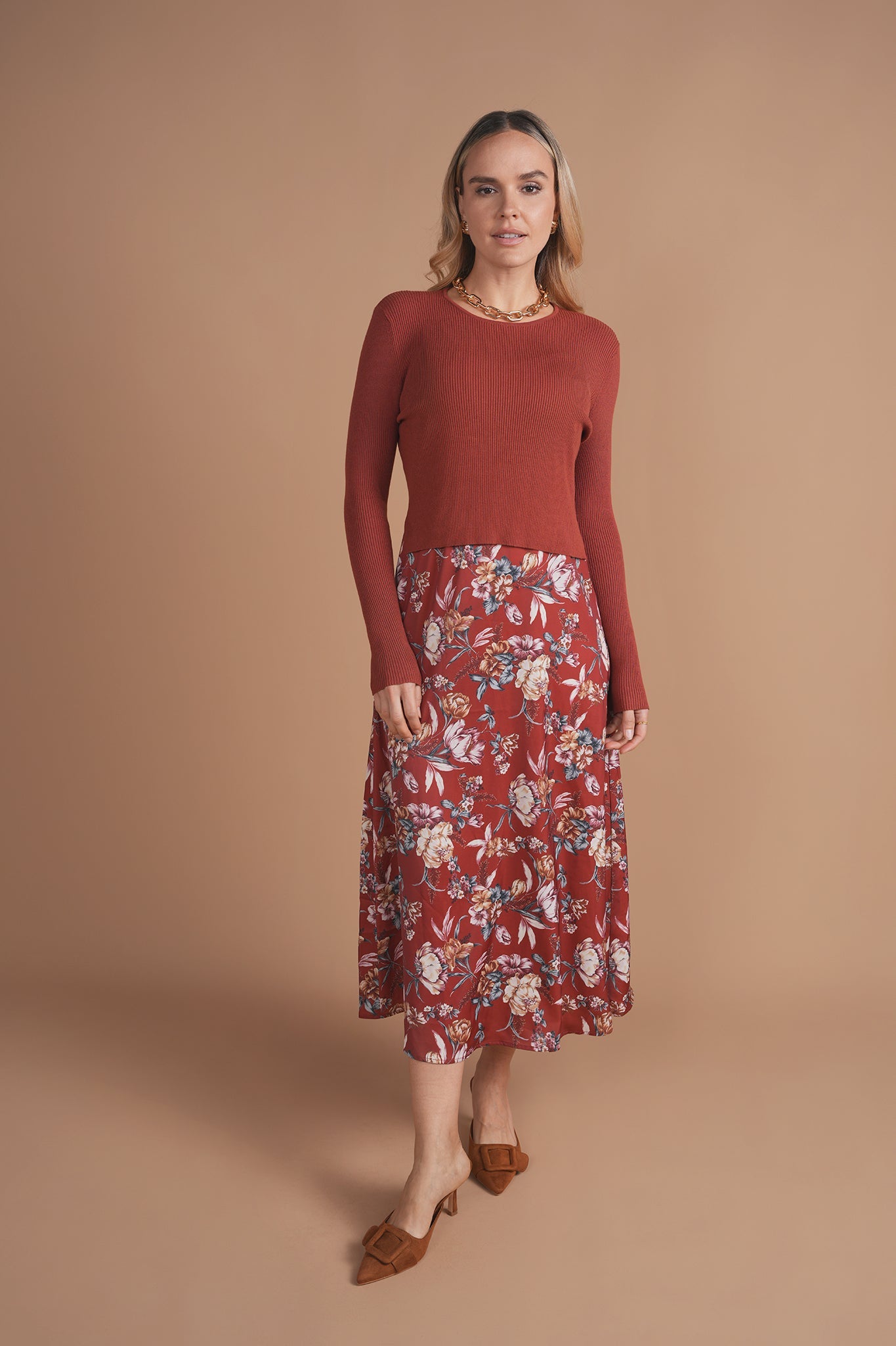 Bliss Combo Slip Dress Rust Floral