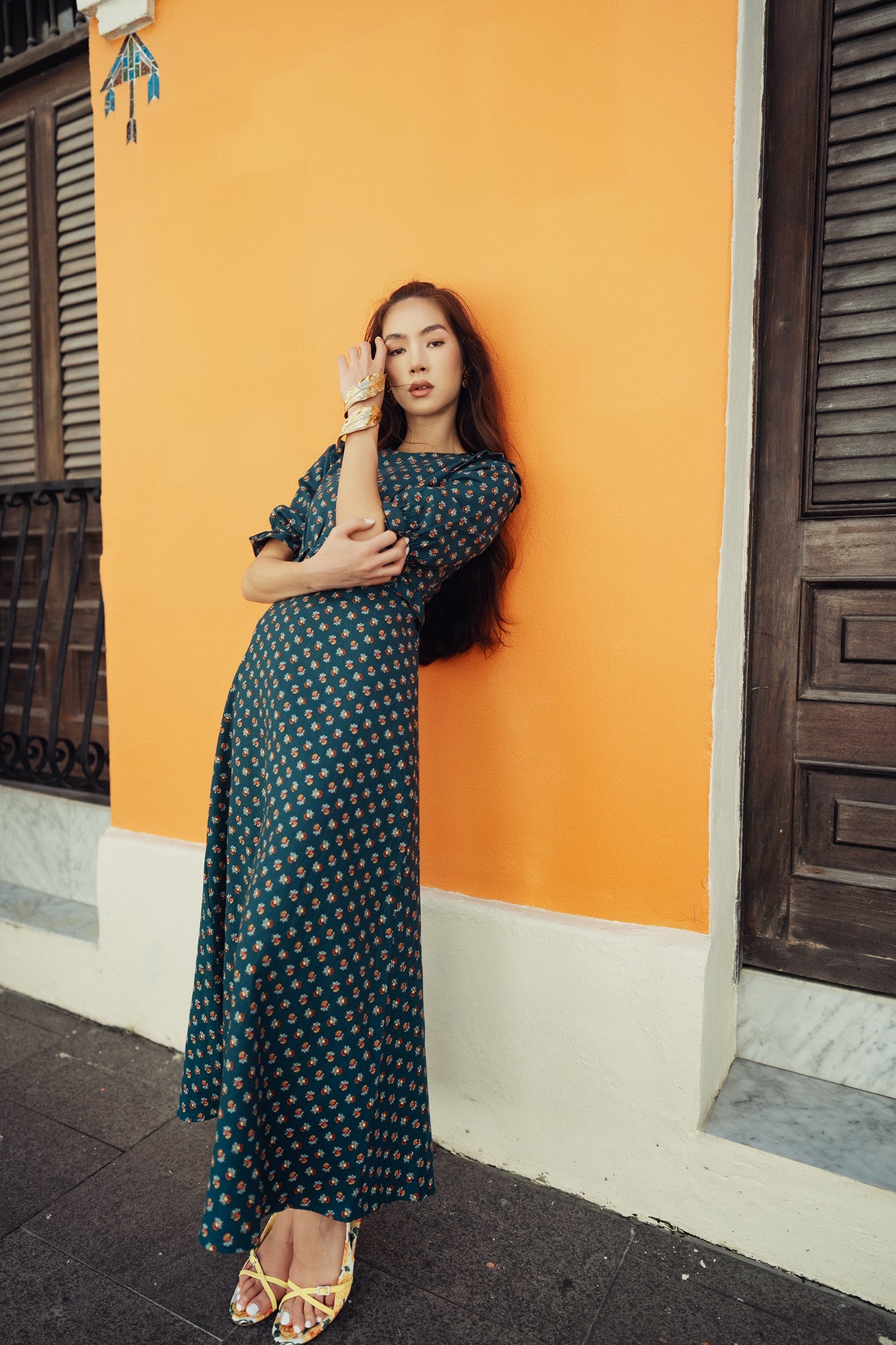 Bliss Flutter Sleeve Empire Waist Dress Teal Floral